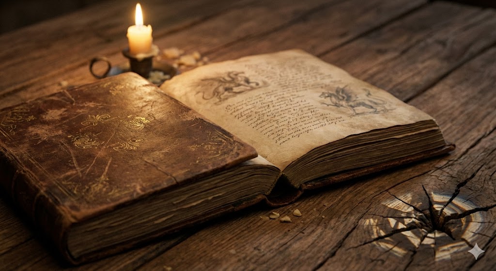 Старинная книга сказок при свечах на деревянном столе