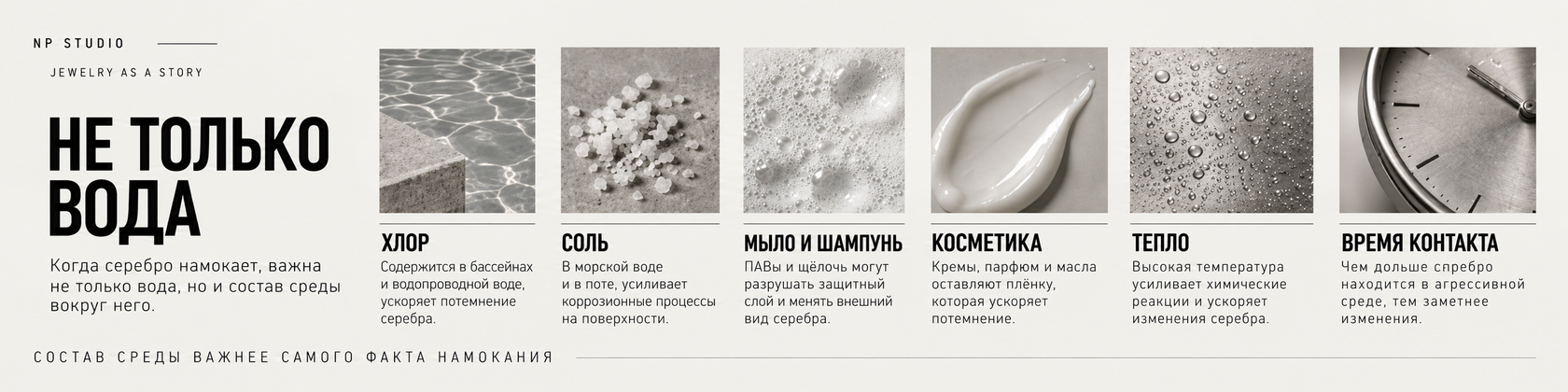 На серебро в воде влияют не только вода, но и хлор, соль, мыло, шампунь, косметика, тепло и время