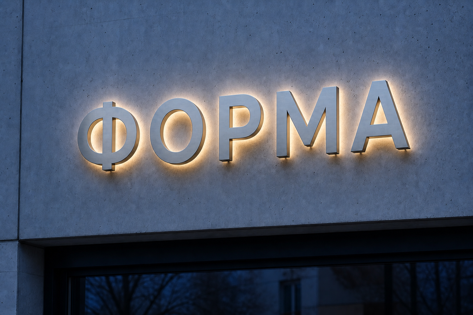 3D-рендер металлической вывески «ФОРМА» с контражуром