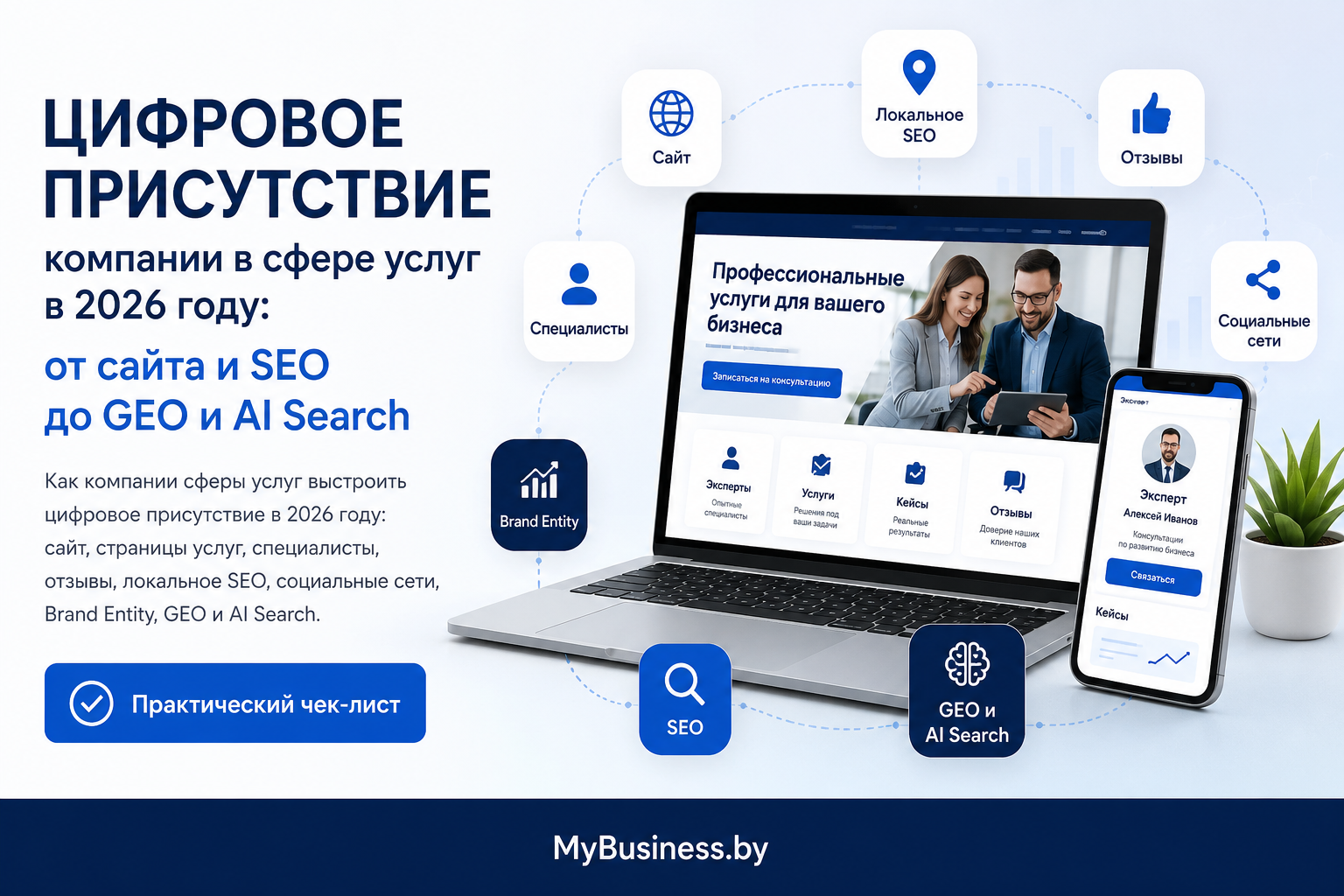 Инфографика MyBusiness.by о цифровом присутствии компании сферы услуг в 2026 году. Показана единая экосистема: сайт специалисты отзывы социальные сети локальное SEO Brand Entity SEO GEO и AI Search.