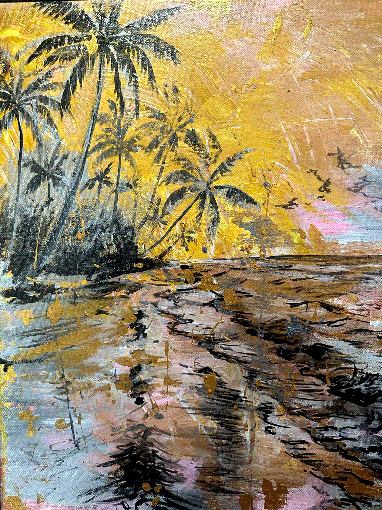 Tropical Sunset — acrylic painting, golden palm silhouettes against a hazy sky