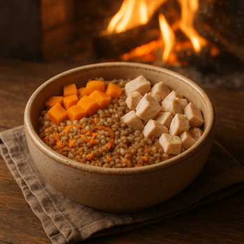 Тарелка с зимним рационом для собаки: каша DOGMAX Рацион 2 с кусочками куриного филе, тыквой и морковью на фоне горящего камина.