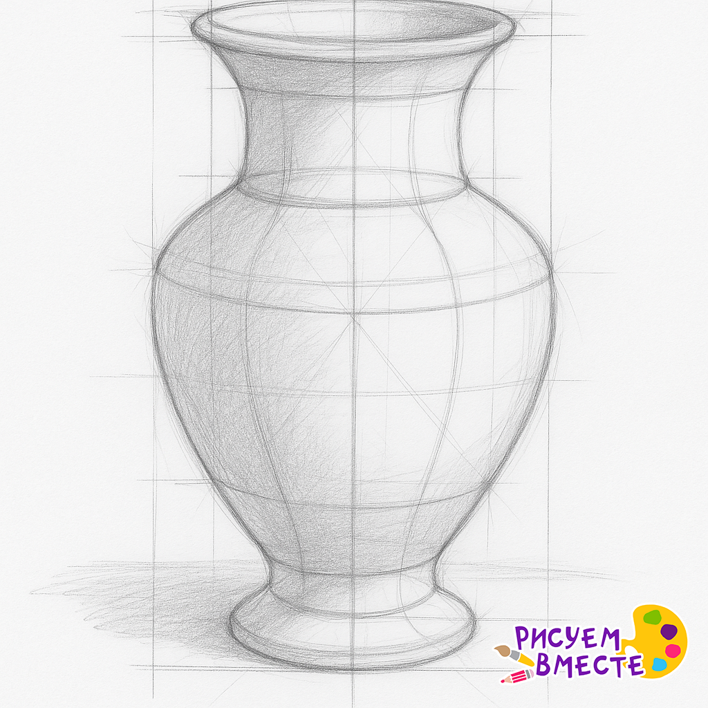 Рисунок вазы карандашом с линиями построения и штриховкой для обучения основам академического рисунка