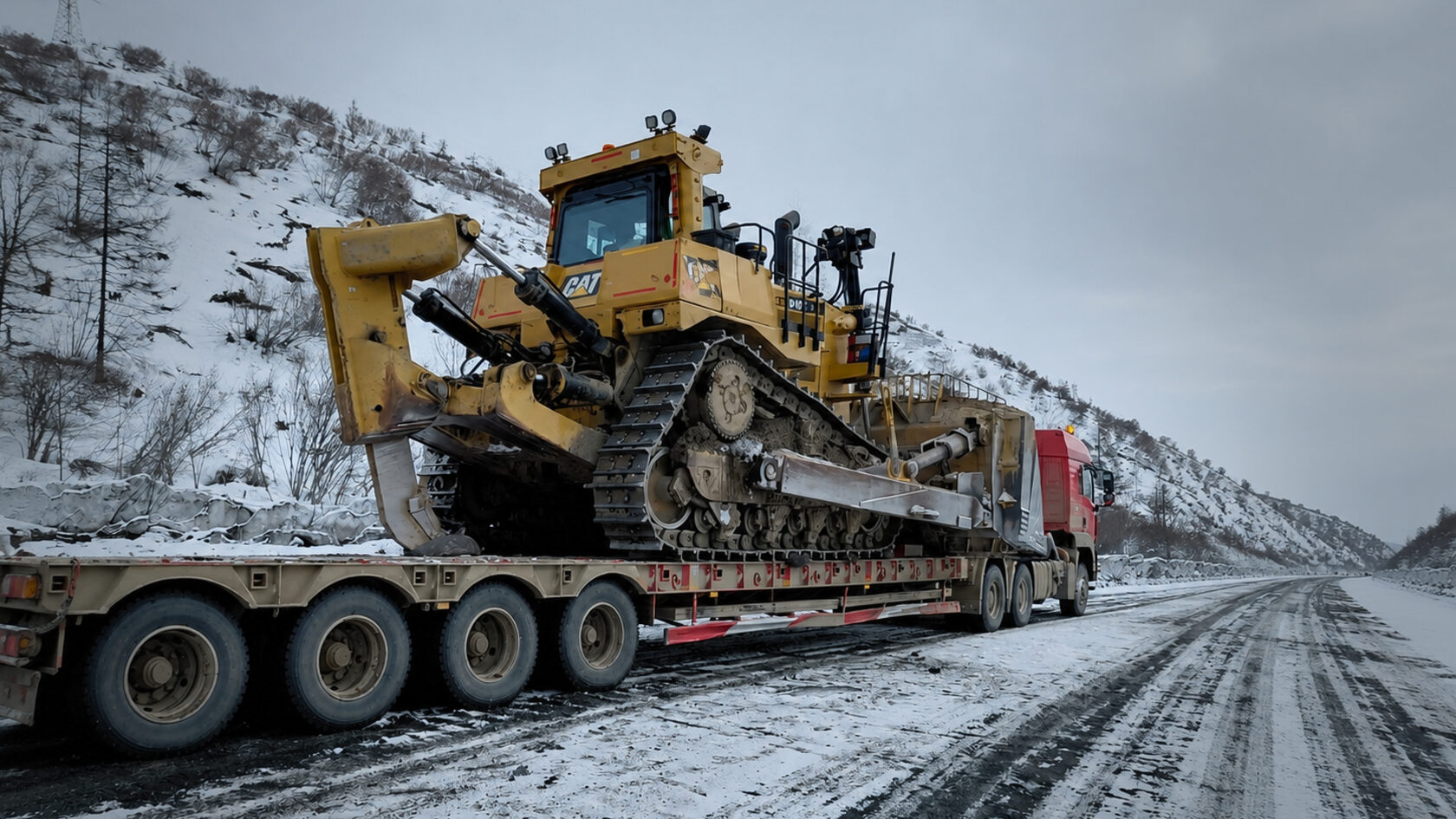 Среднерамный CIMC LYR9907TDP c погруженным на площадку эксковатором CAT