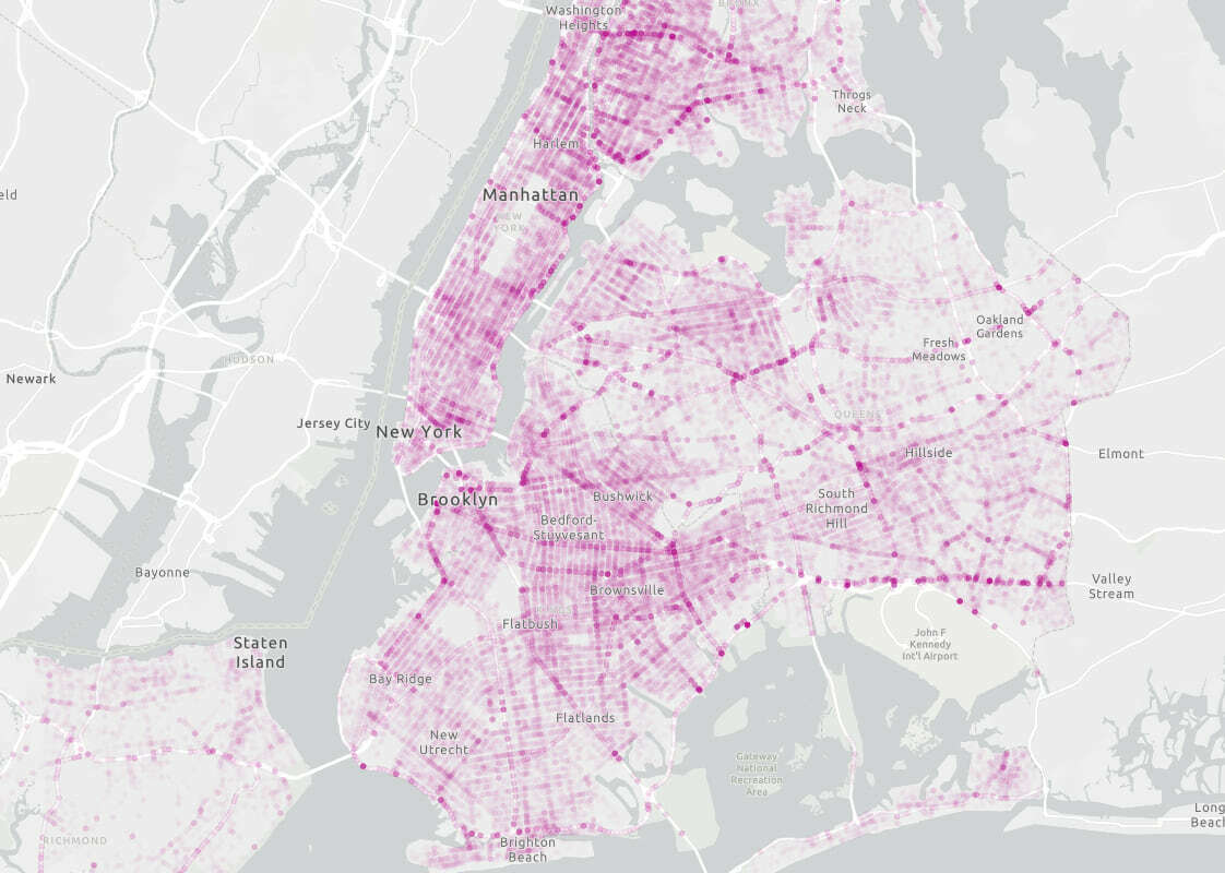 The density of motor vehicle crashes in New York City (2020) visualized with per-feature opacity.