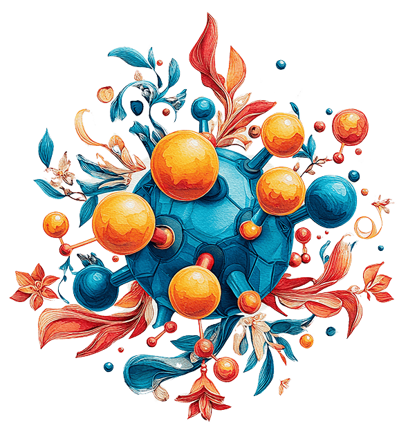 Сюрреалистичная иллюстрация молекулы в виде синей сферы с оранжевыми атомами, окруженной изящными цветами и листьями