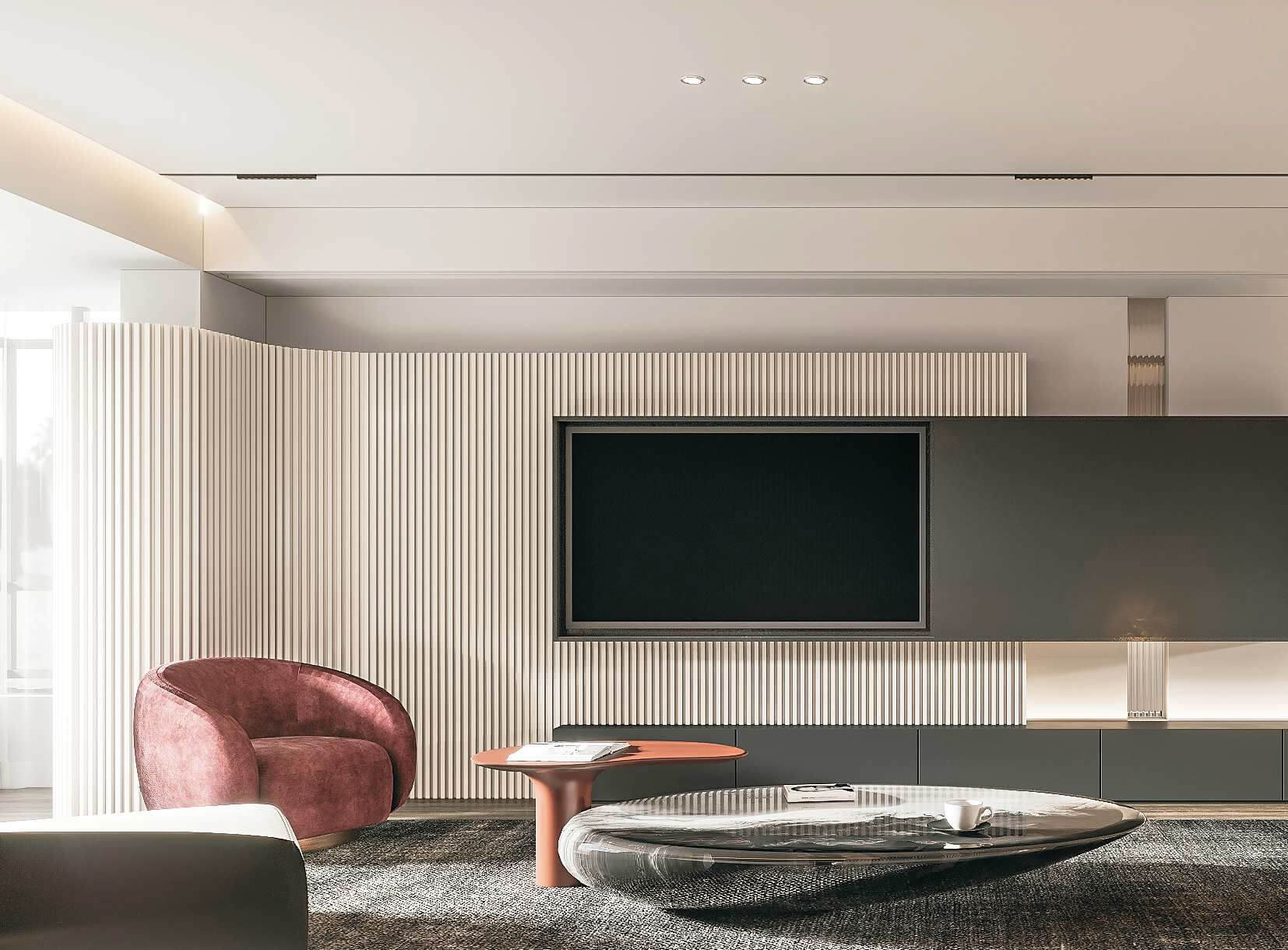 реечные панели за телевизором в гостиной