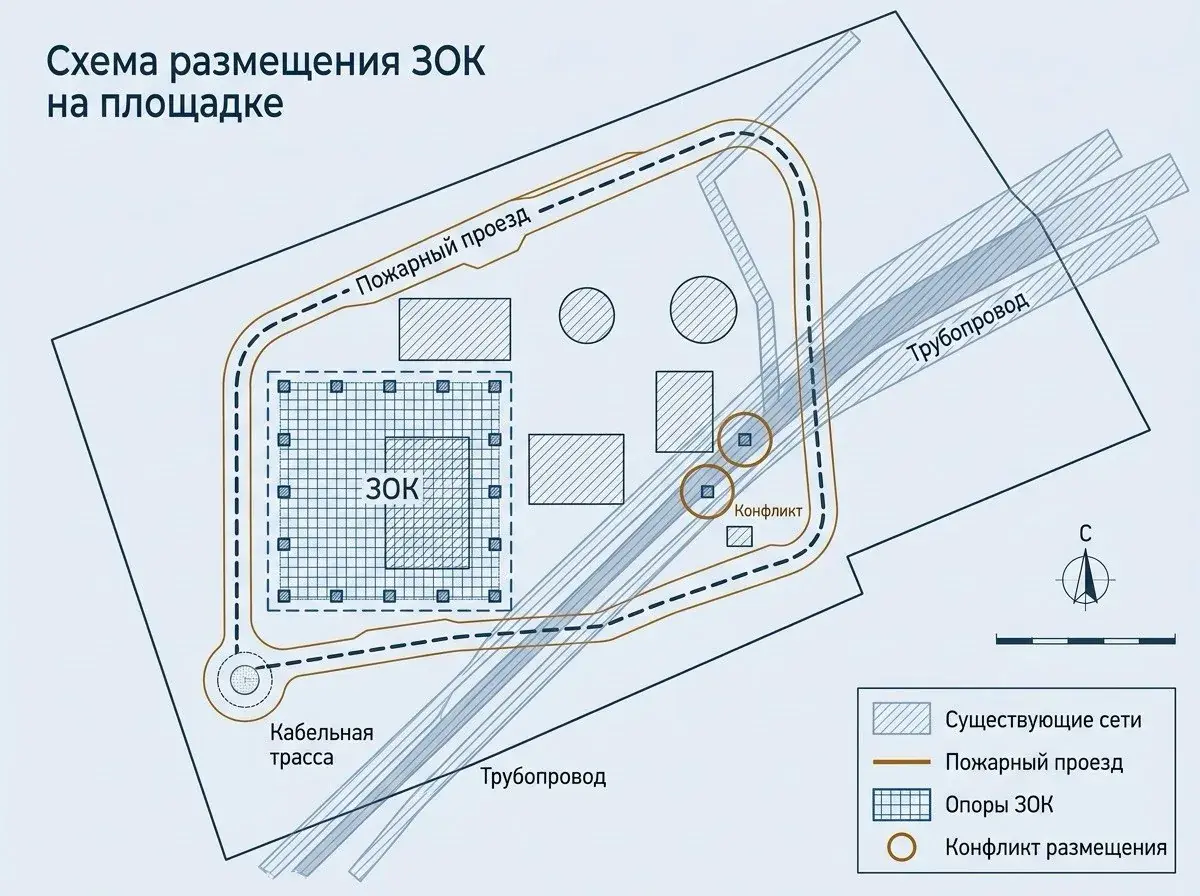 Схема размещения ЗОК на площадке: контур защитной конструкции, зоны существующих сетей — кабельная трасса и трубопроводы, пожарный проезд и две опоры в коридоре трубопровода