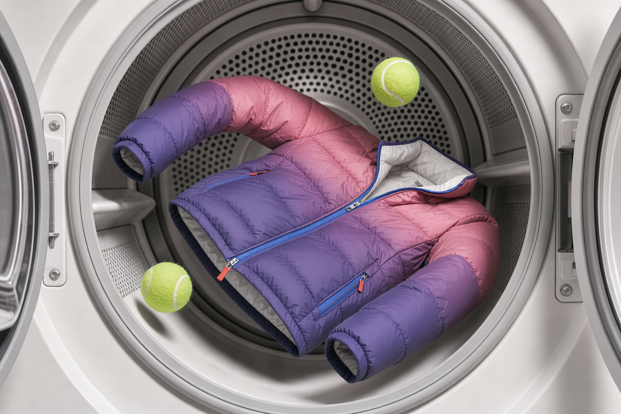 Tumble dryer interior with a down jacket and two clean tennis balls bouncing inside, jacket partially lofted, no visible logos