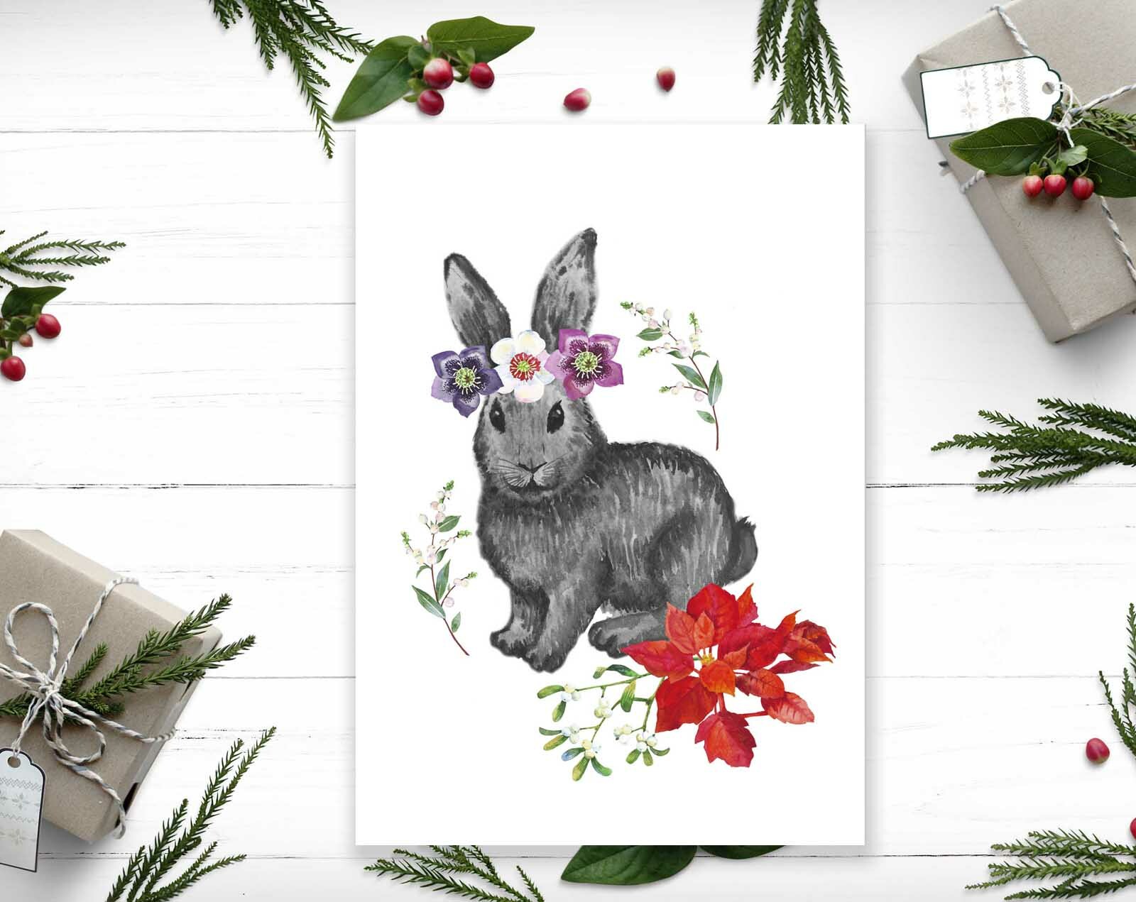 Черный кролик с цветами и веточками