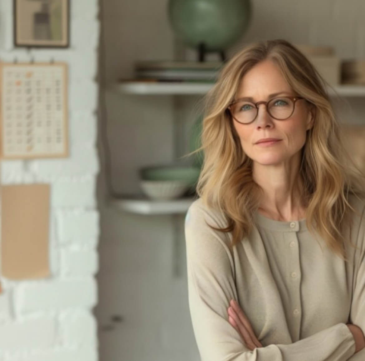 A woman stands in a room with her arms crossed, thoughtfully considering an investment idea that just came to her mind.
