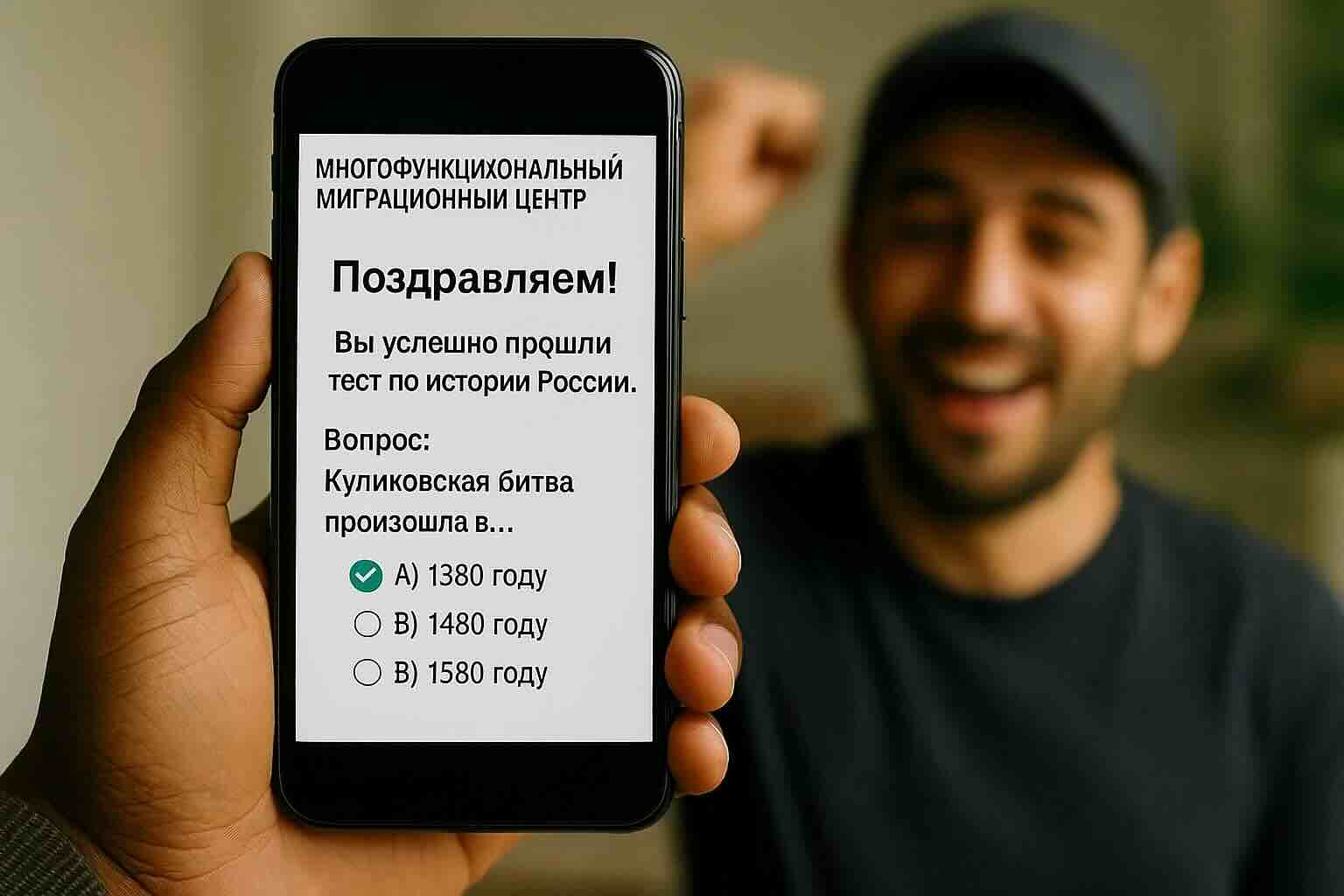 Крупный план руки мигранта с телефоном, на экране открыт Telegram-чат с ботом или тестом.