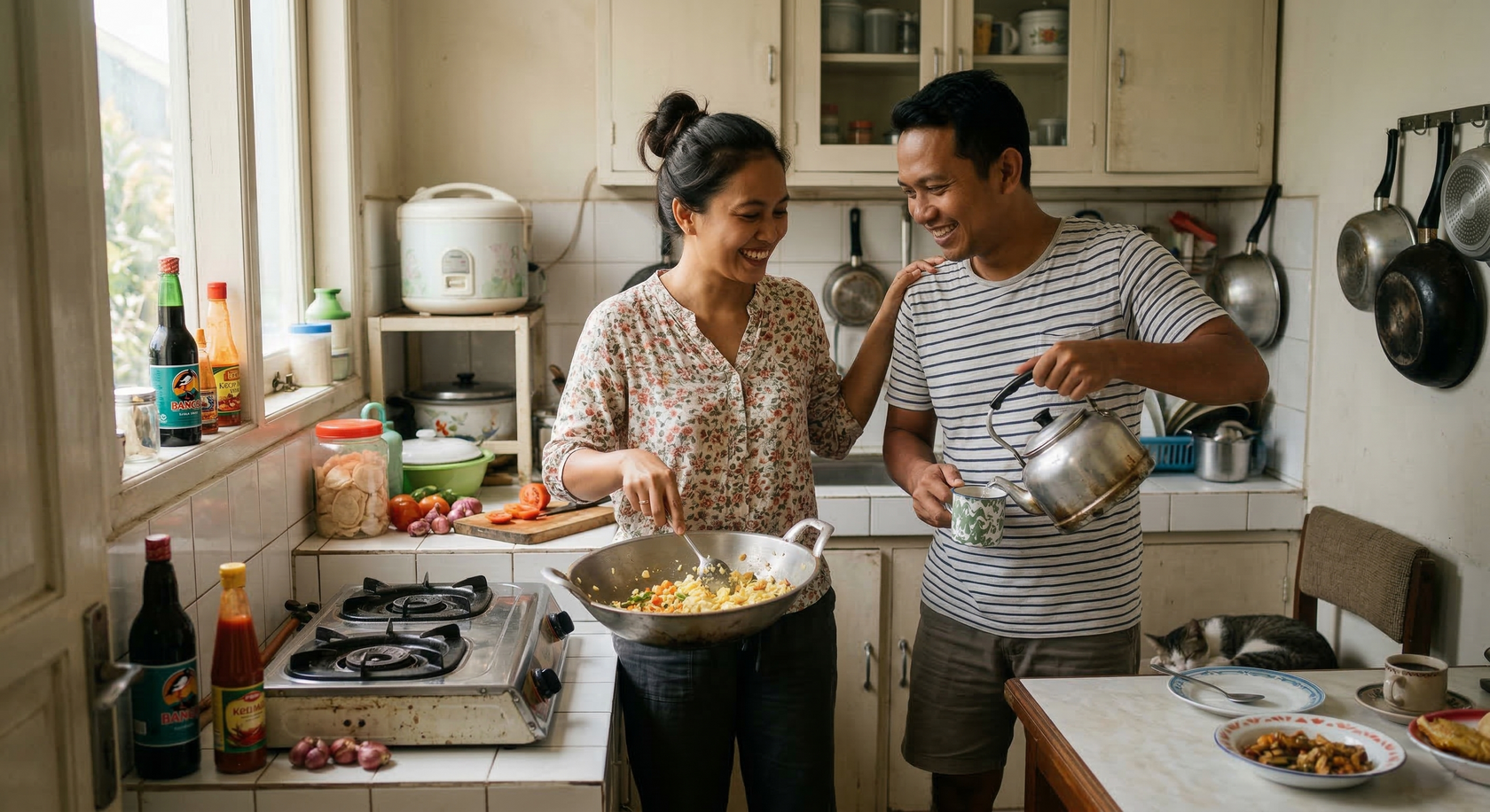 Pasangan memasak bersama di dapur rumah sambil tersenyum, ilustrasi kerja sama, kebiasaan kecil, dan kedekatan dalam hubungan sehari-hari