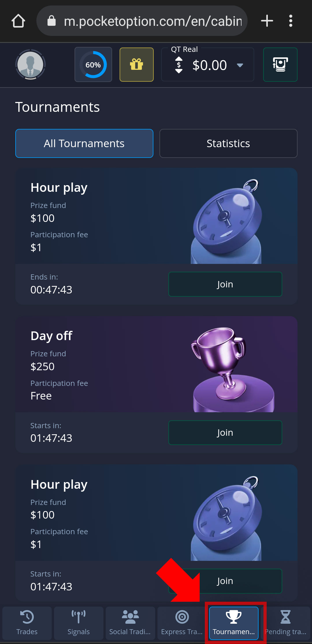 Pocket Option trading tournaments tab