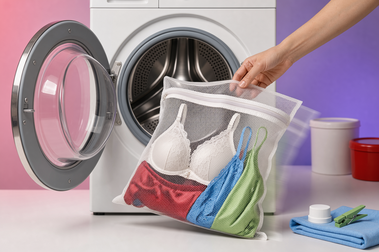 delicate items like lace and lingerie inside a mesh laundry bag being placed into a washing machine drum, gentle motion implied