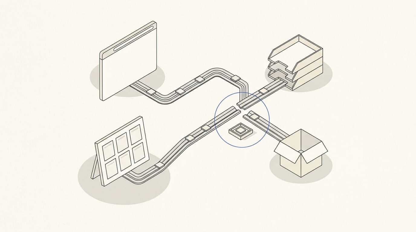 A route from a website panel to a sales board has a connection gap and an enquiry tile in a catch tray.