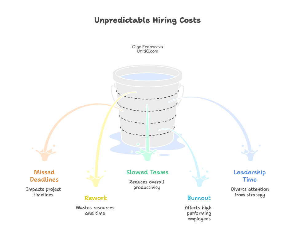 Illustration showing a leaking bucket labeled “Unpredictable Hiring Costs,” where missed deadlines, rework, slowed teams, burnout, and leadership time drain out as hidden consequences of hiring uncertainty.
