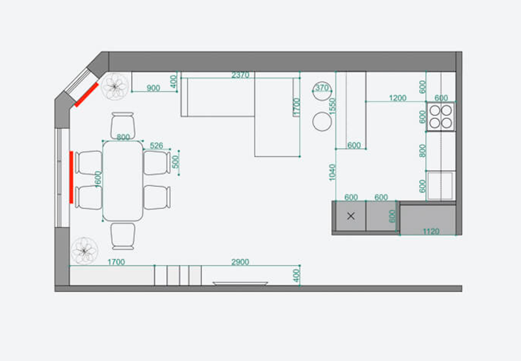 Планировка кухни-гостиной с площадью 32 м²