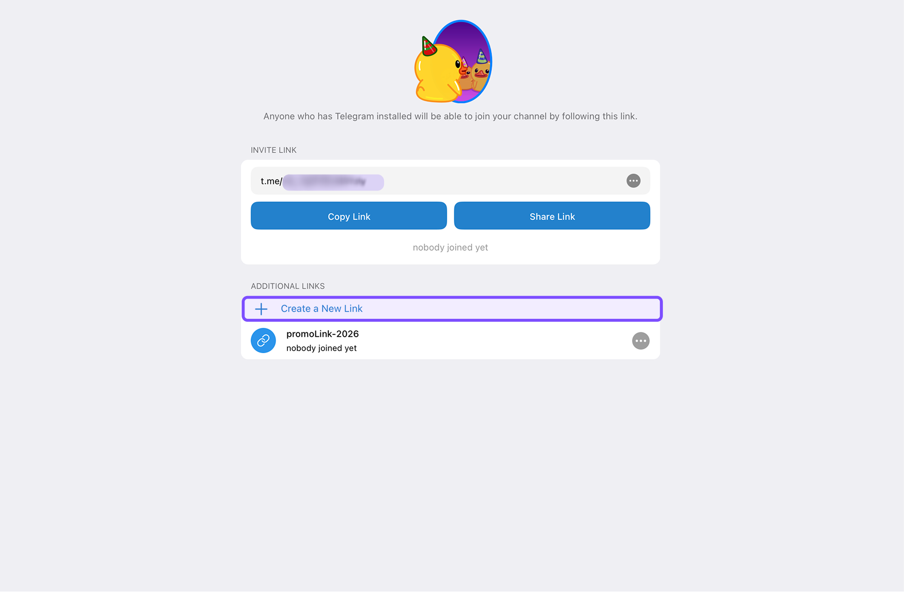 Экран Invite Links с кнопкой Create a New Link для создания инвайт-ссылки в Телеграм-канал по заявкам