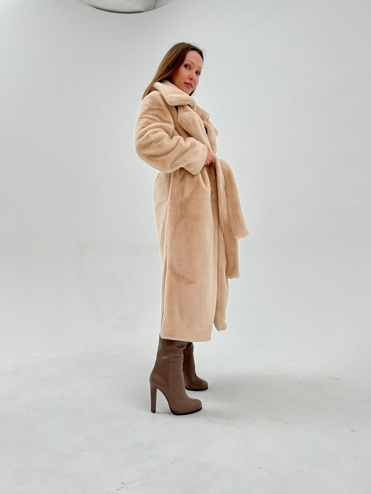 Petite Taupe Belted Faux Fur Coat