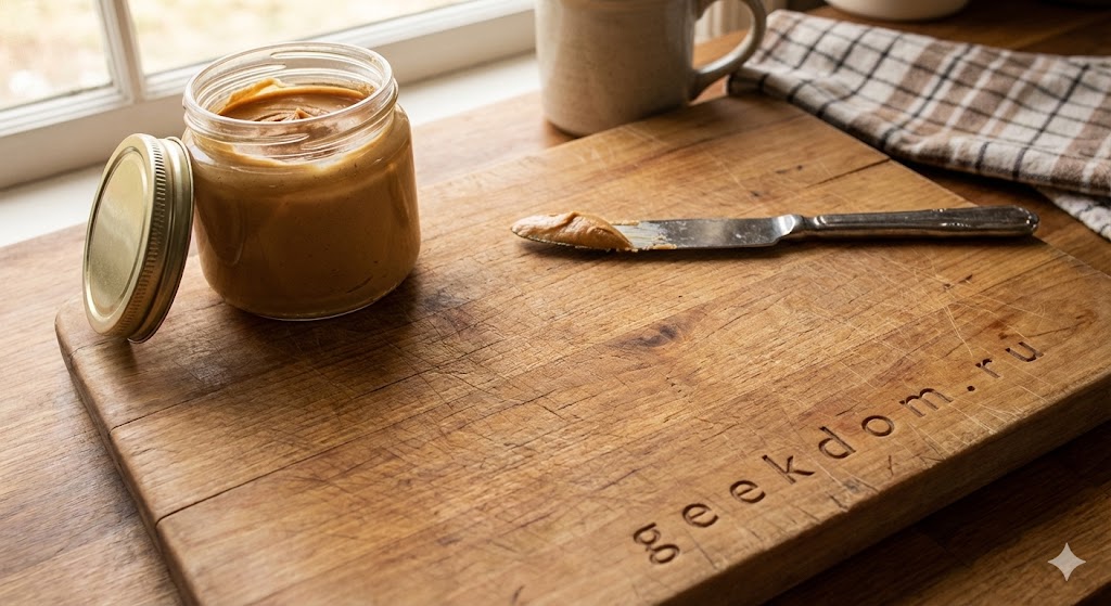 Открытая банка кремовой арахисовой пасты и нож для намазывания на деревянной разделочной доске в лучах солнца.