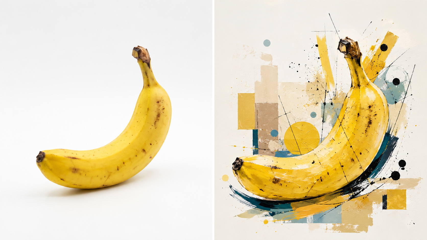 Side-by-side horizontal comparison of a real banana reference photo and an abstract art interpretation of the same banana with geometric shapes, splashes, and expressive marks.