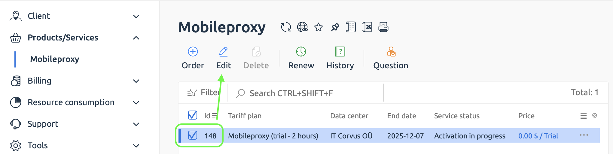 On the screen there is a list of your services, you need to select the one you are interested in and click the 