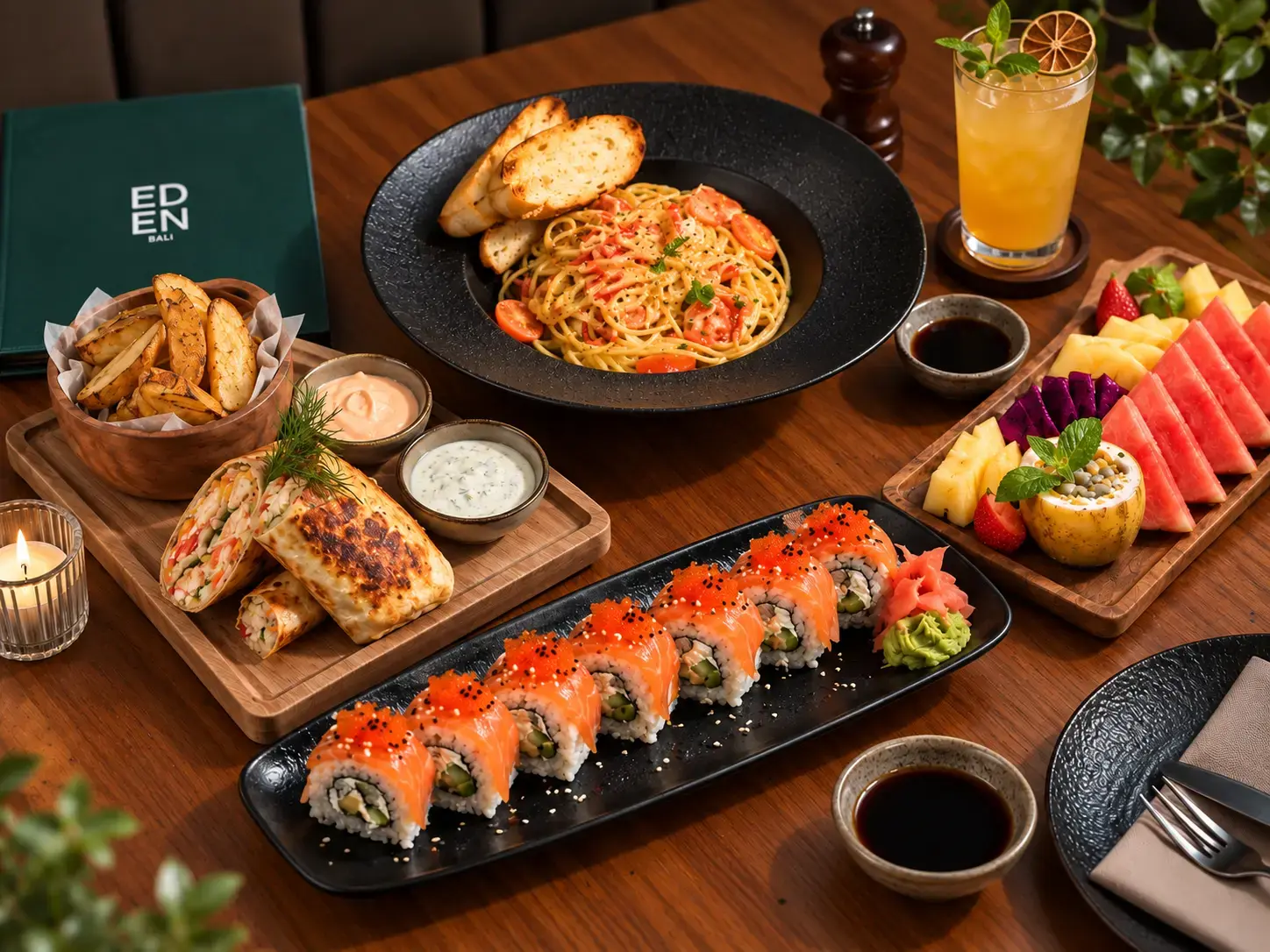 Halal breakfast dishes at Eden Hookah Club Canggu, including eggs, grilled chicken, vegetables and toast