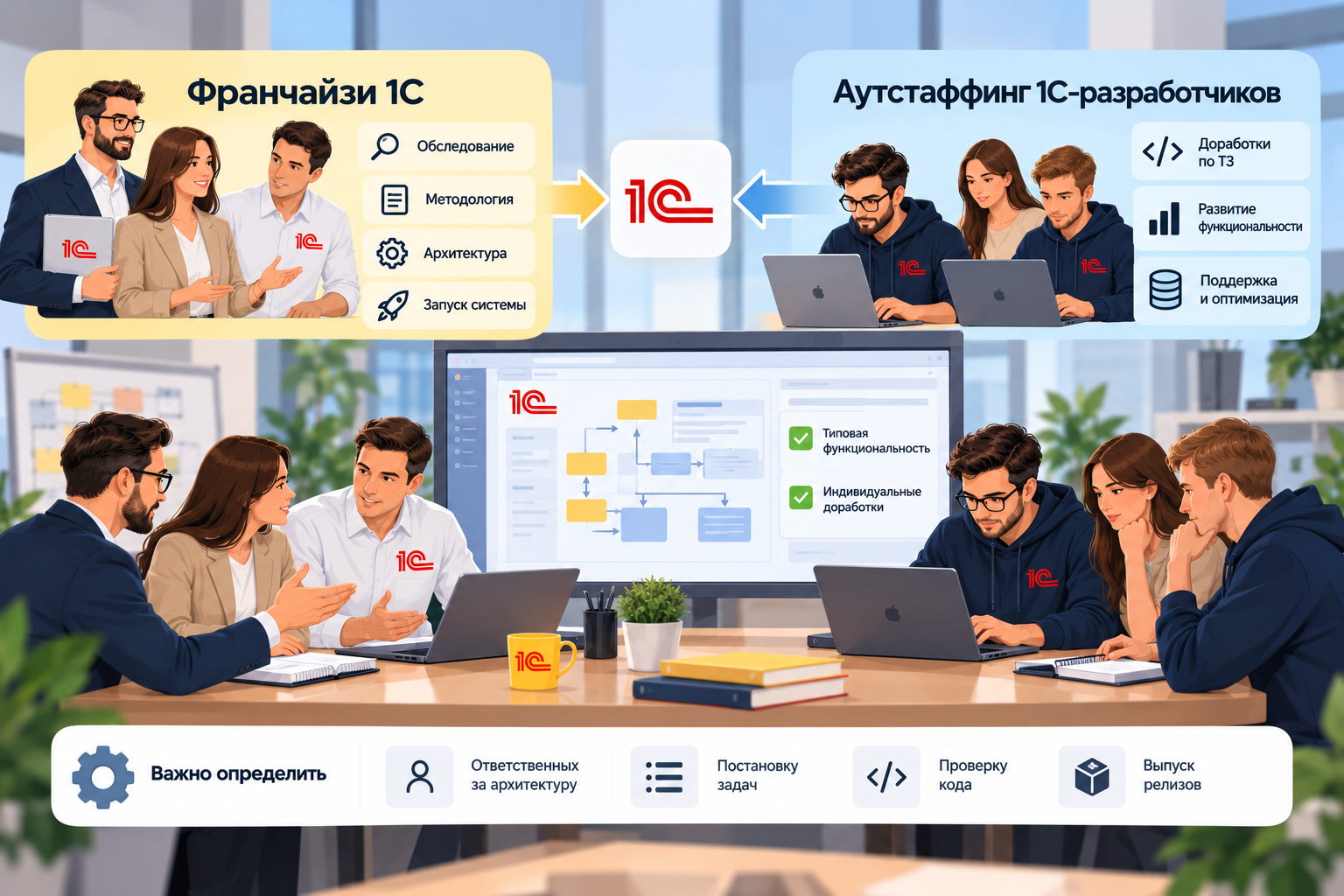 Совместная работа франчайзи 1С и разработчиков на аутстаффинге: внедрение, сопровождение, доработки и распределение ответственности.