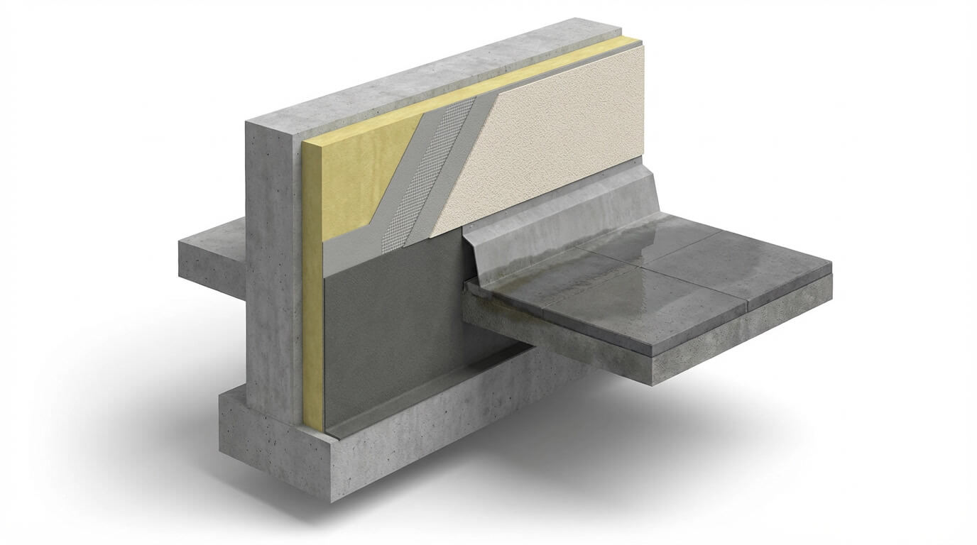 Разрез узла цоколя мокрого фасада: бетонное основание, утеплитель, армирующий слой и финиш, зона брызг у отмостки