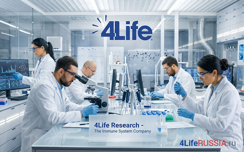 Лаборатория 4Life Research: команда учёных в белых халатах проводит исследования за микроскопами и лабораторным оборудованием