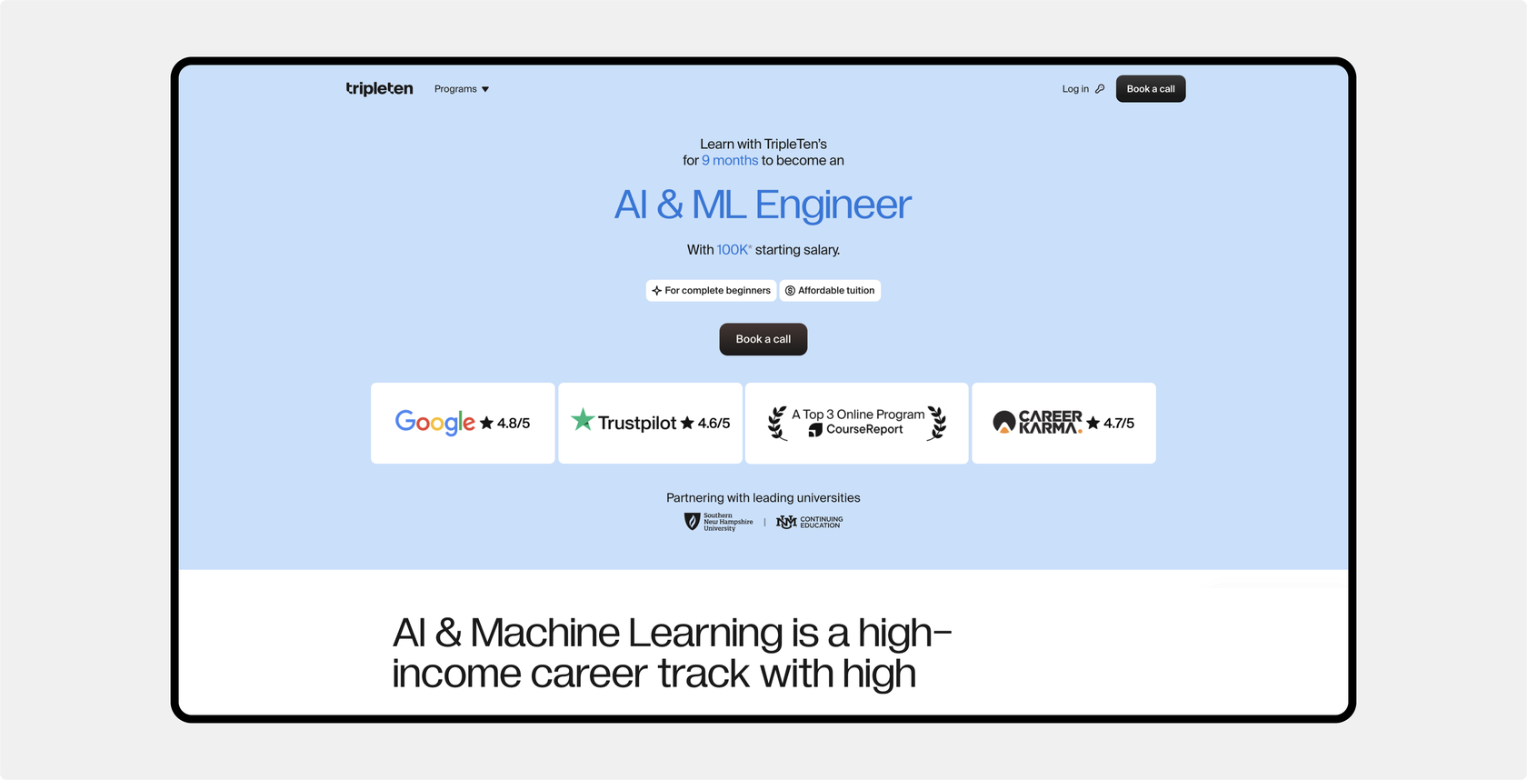 TripleTen AI & ML Engineer program page with Google, Trustpilot, and CourseReport ratings
