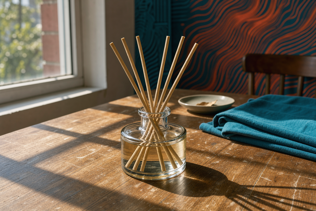 A close-up of a glass bottle reed diffuser on a wooden table with rattan sticks inserted, sunlight from the side, no brand labels