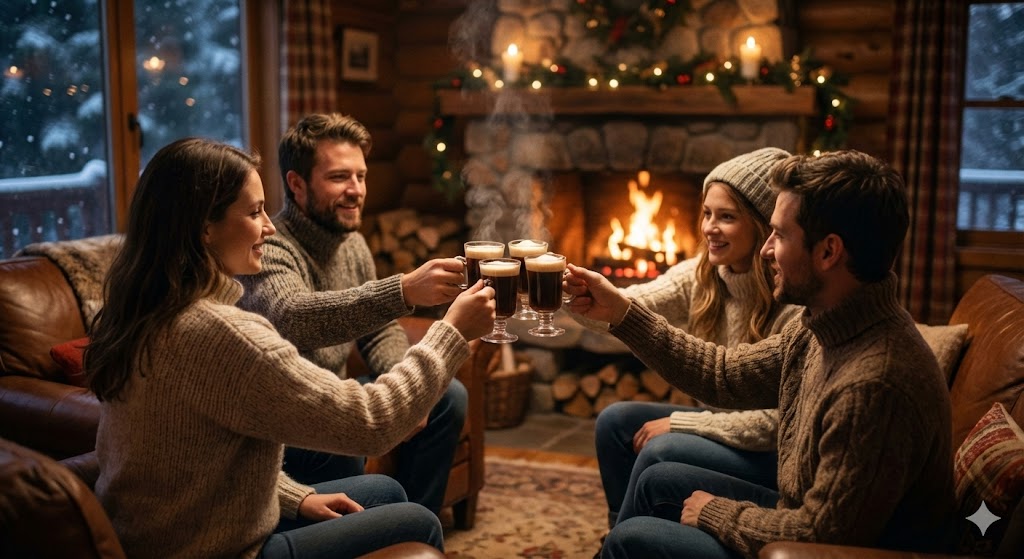 Друзья отмечают День ирландского кофе у камина с бокалами в руках 