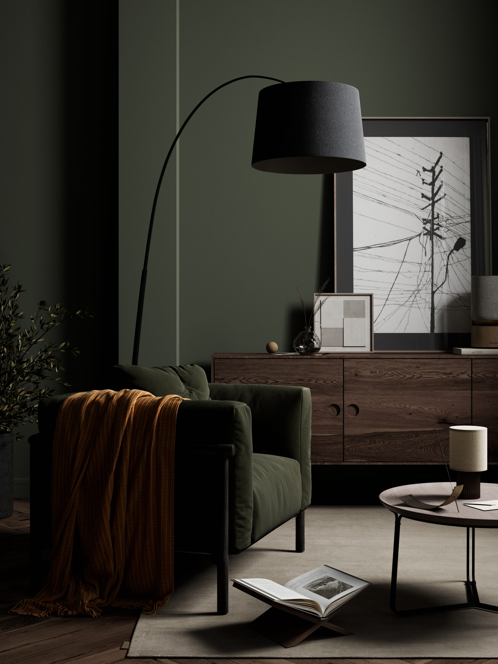 Cozy dining area with green armchair