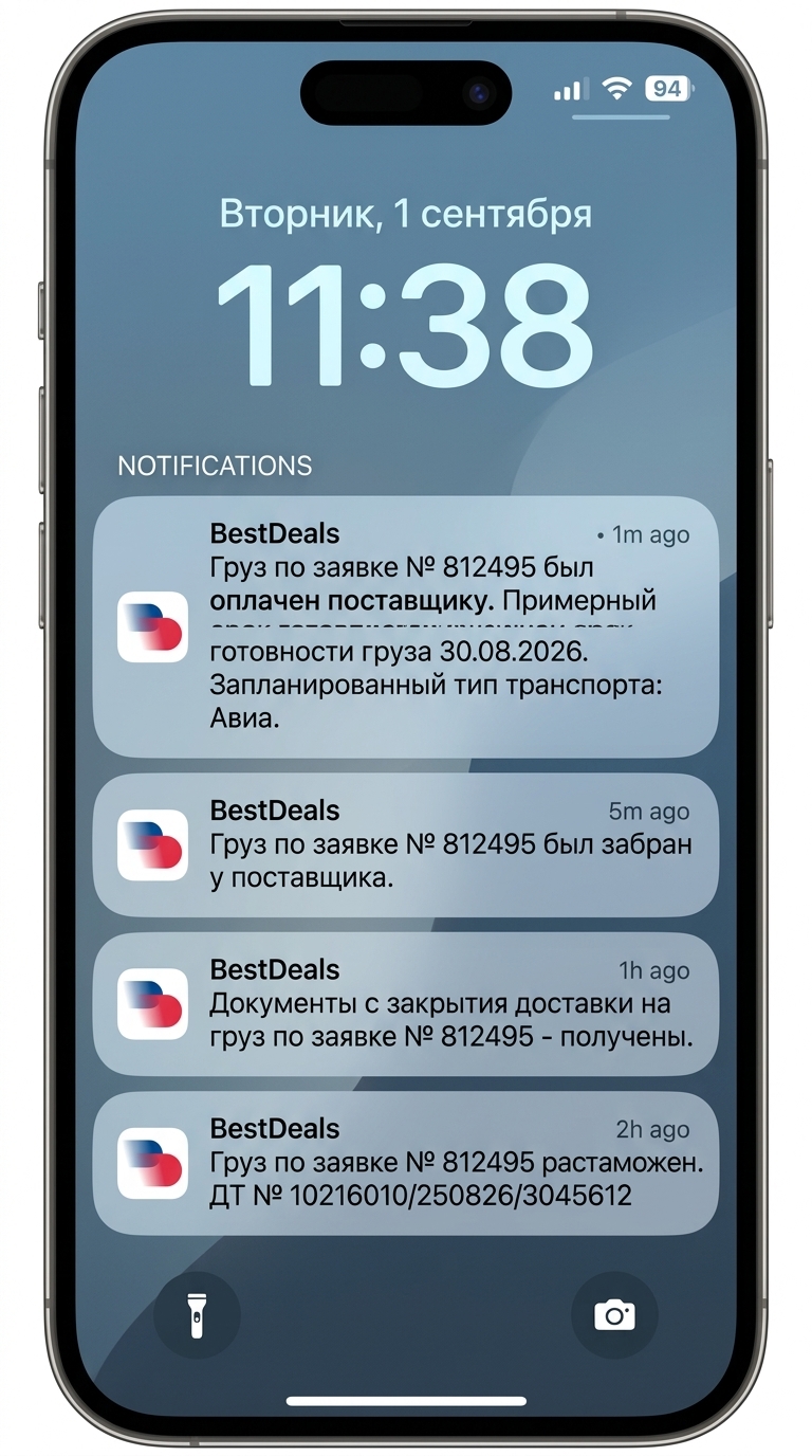 Экран смартфона с push-уведомлениями от BestDeals о статусах груза по заявке № 812495