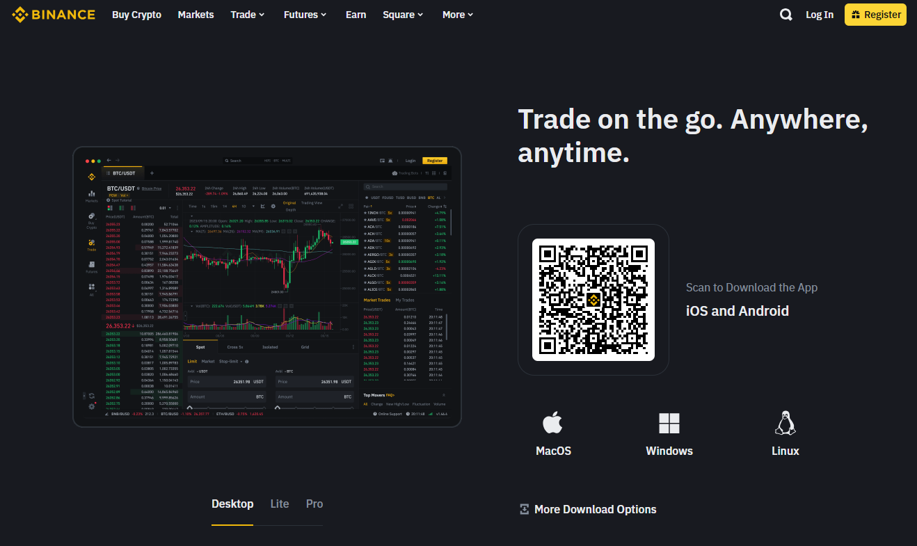 Binance home page, exchange for short trading