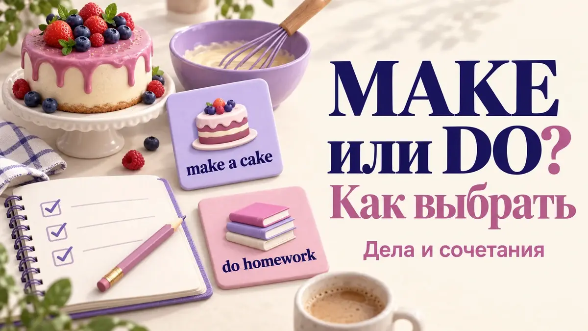 Торт и карточка make a cake рядом с тетрадью и do homework: устойчивые сочетания.