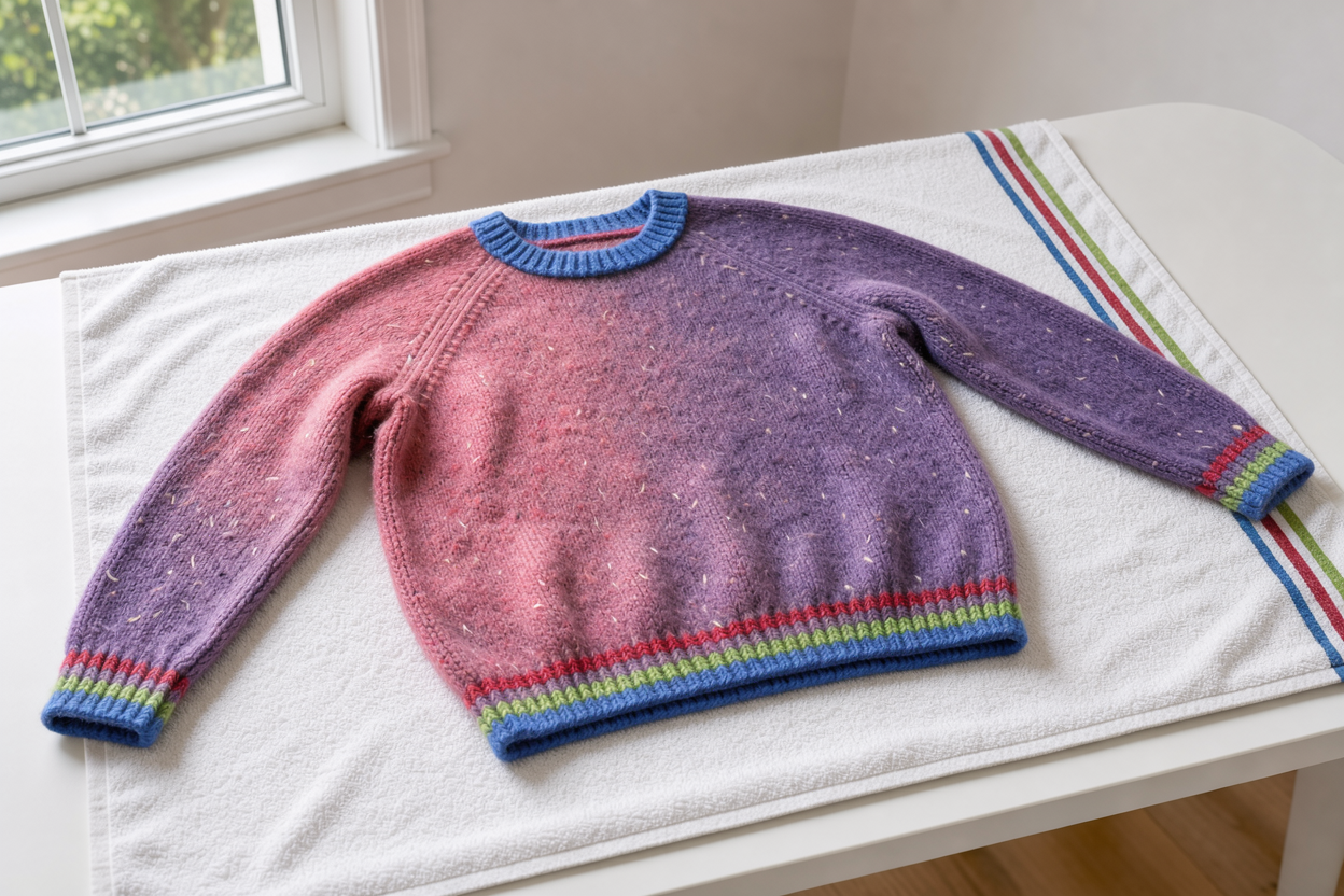 flat drying wool sweater laid and reshaped on a clean towel on a table, natural light, no visible detergents or labels