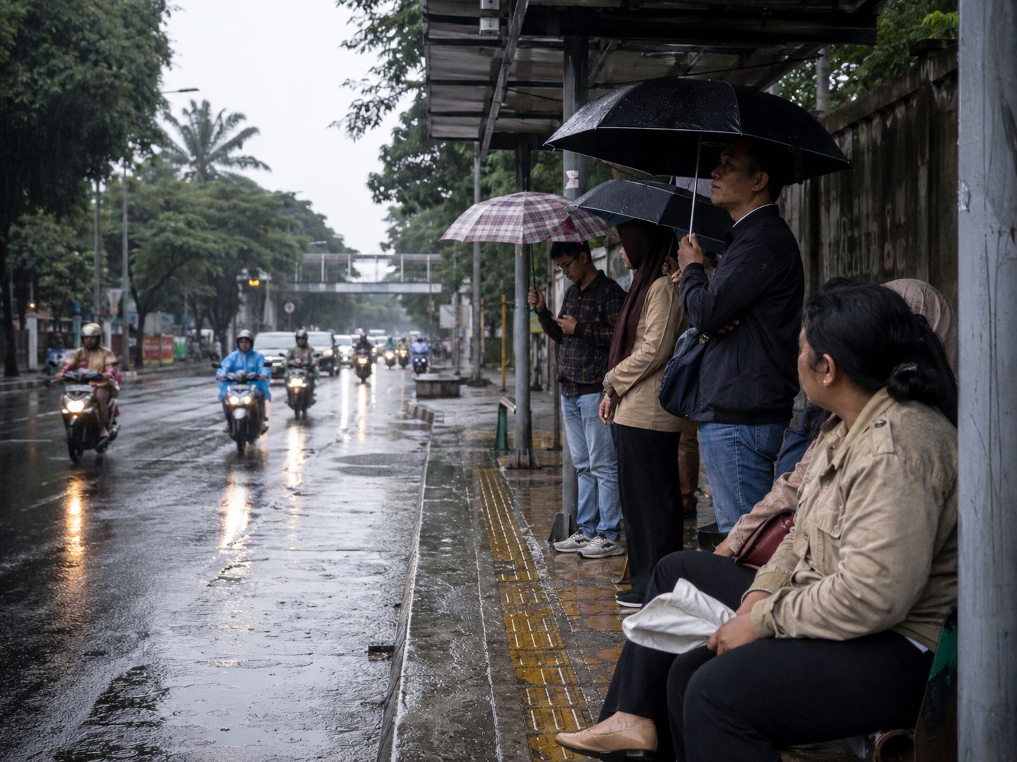 orang Indonesia menunggu hujan reda di halte
