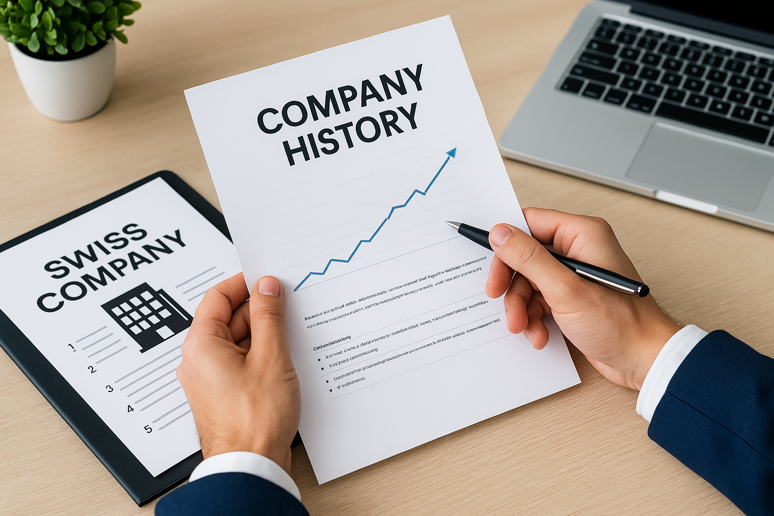Businessman reviewing a Swiss company profile