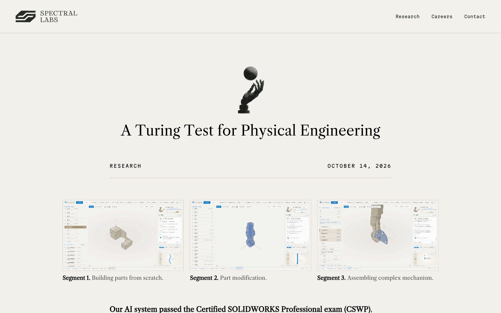 Screenshot of the Spectral Labs research post A Turing Test for Physical Engineering, dated 14 October 2026, with screens from the three exam segments: building parts from scratch, part modification and assembling a complex mechanism