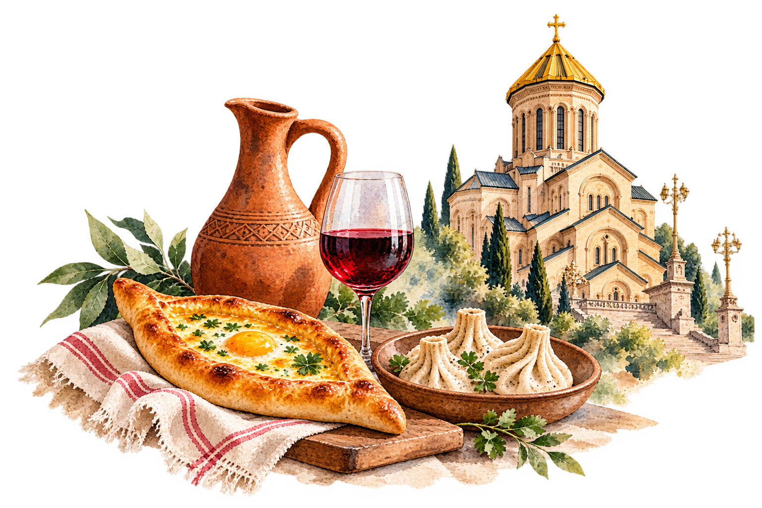 Акварельная иллюстрация грузинского застолья