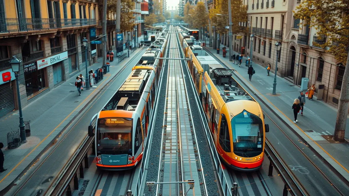 a vibrant urban setting in barcelona showcases tourists interacting with sleek transport apps on their smartphones, surrounded by colorful public transport vehicles and iconic city architecture, emphasizing the efficiency and convenience of navigating the city's extensive transport network.