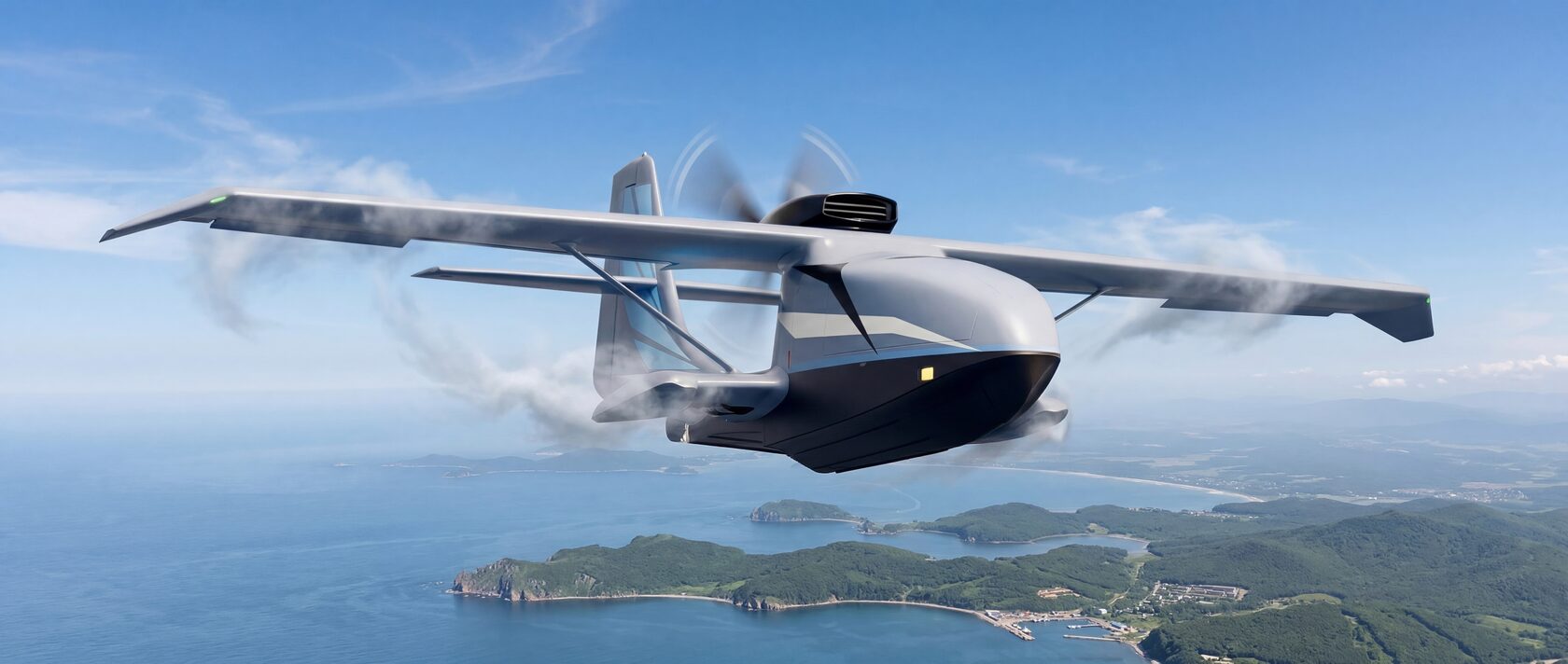 BVS Meridian flying over an archipelago