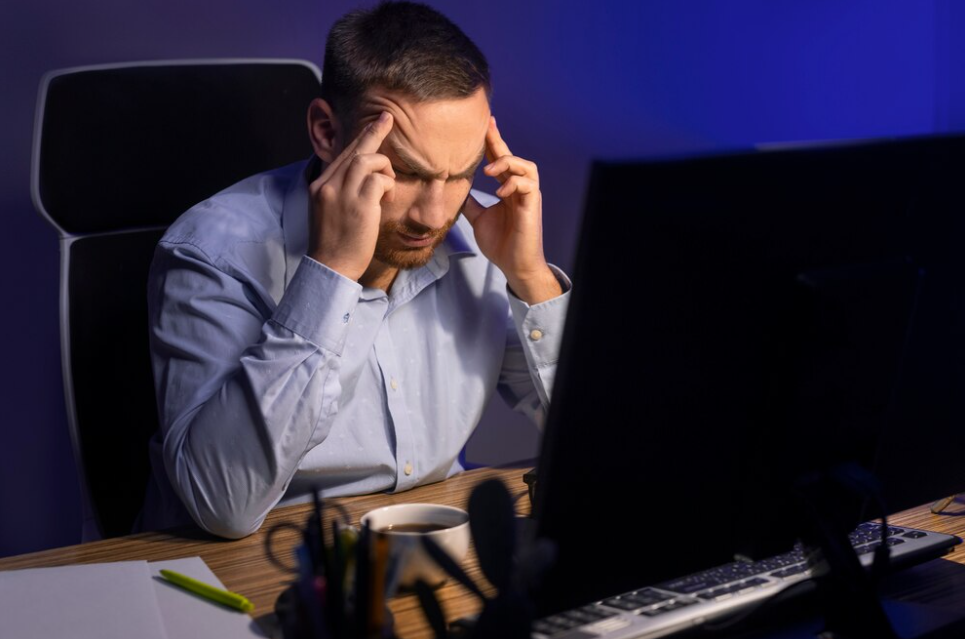 Is Day Trading Worth It: A person with a worried look on his face, performing intraday trading in front of a computer