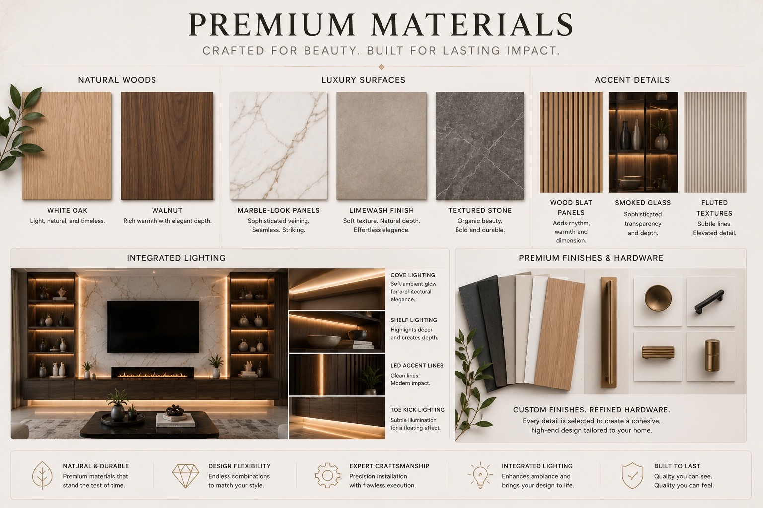 Designer materials board featuring white oak, walnut, marble-look panels, smoked glass, decorative textures, integrated LED lighting, and premium hardware for custom entertainment centers.