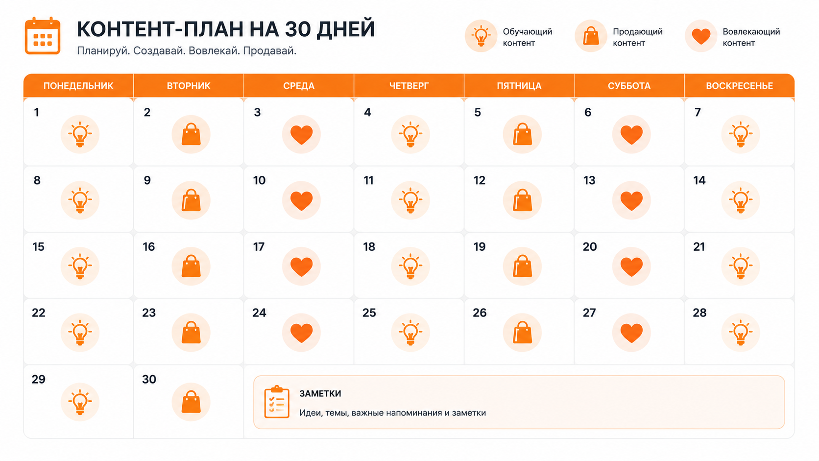 Календарь контент-плана на 30 дней с иконками типов контента: образовательный, продающий, вовлекающий
