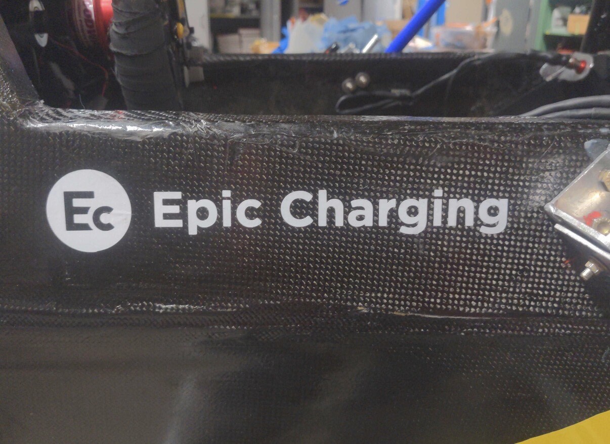 Epic Charging branding on the Gopher Motorsports Formula SAE Electric race car chassis.