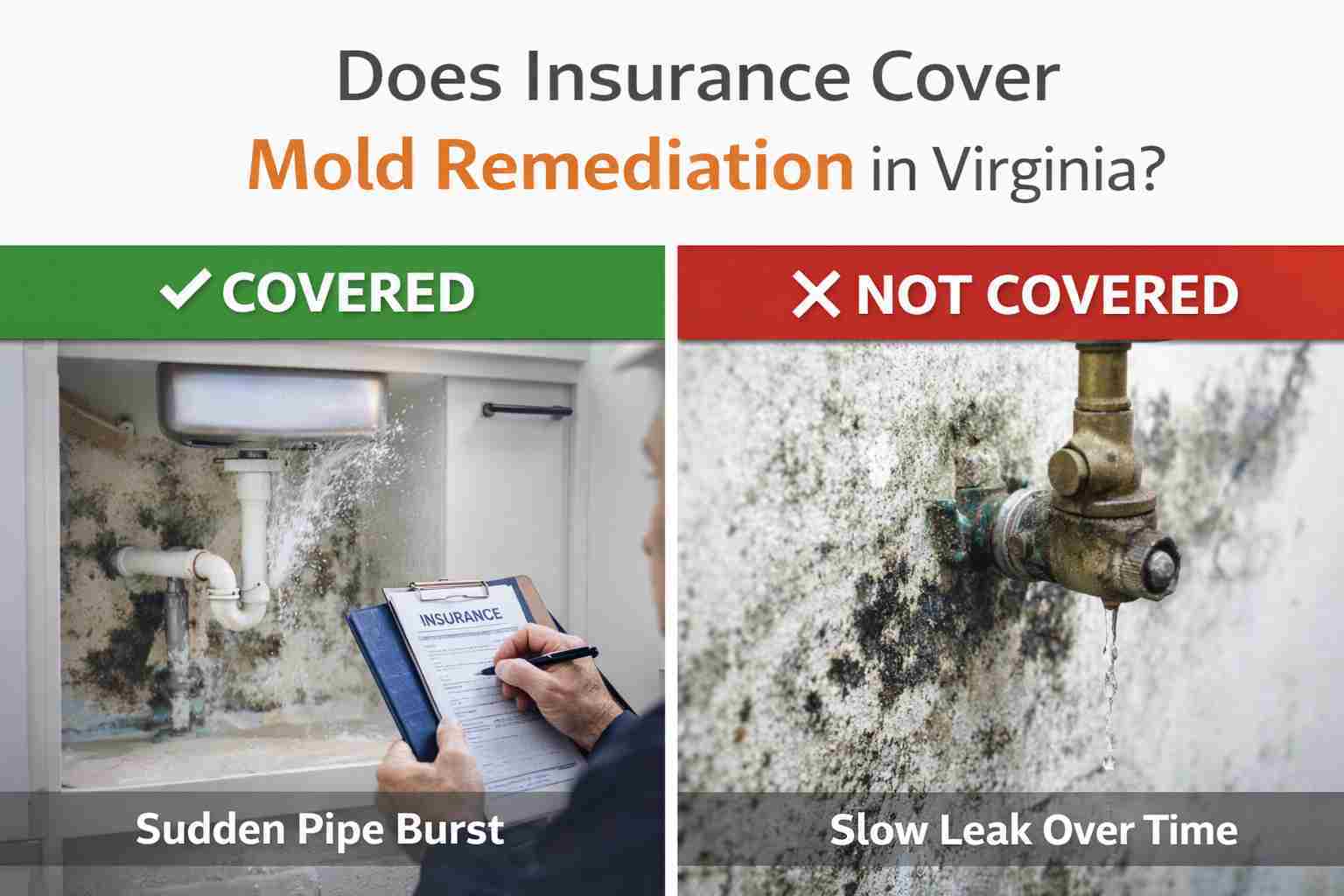Covered vs not covered mold remediation insurance in Virginia – burst pipe vs long-term leak example